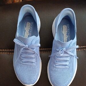 Skechers Light Blue Knit Slip-On Sneakers Slip On,  Size 8